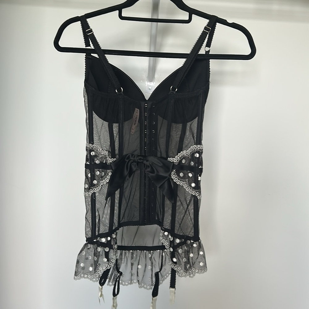 🆕 VICTORIA’S SECRET Black Bustier Corset Polka Dots Garters NWT Size 36D - Picture 10 of 16